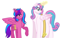 Size: 4840x2536 | Tagged: safe, artist:greta-wolf, princess flurry heart, oc, oc:melody aurora, alicorn, adult, alicorn oc, cousins, duo, duo female, female, hyper, hyper pregnancy, magic, magic aura, measuring, measuring tape, multiple pregnancy, offspring, older, older flurry heart, parent:flash sentry, parent:twilight sparkle, parents:flashlight, pregnant