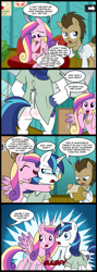 Size: 713x2000 | Tagged: safe, artist:madmax, doctor whooves, princess cadance, queen chrysalis, shining armor, alicorn, changeling, changeling queen, pony, unicorn, bipedal, comic, hospital, hospital gown, hug, offscreen character, plot, pregnant, the ass was fat