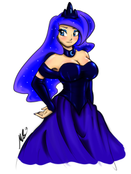 Size: 1500x2000 | Tagged: safe, artist:true-artist-mas, princess luna, blushing, breasts, clothes, evening gloves, fingerless gloves, gloves, humanized, looking at you, princess balloona, simple background, smiling, solo