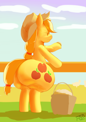 Size: 1280x1813 | Tagged: safe, artist:trinity-fate62, applejack, earth pony, pony, applebutt, bipedal, fence, impossibly large butt, plot, solo, the ass was fat