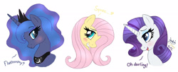 Size: 2200x900 | Tagged: safe, artist:joakaha, fluttershy, princess luna, rarity, alicorn, pegasus, pony, unicorn, text