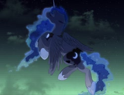 Size: 1200x920 | Tagged: safe, artist:wolfiedrawie, princess luna, alicorn, pony, eyes closed, flying, solo