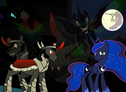 Size: 1024x747 | Tagged: safe, artist:serinasnake, king sombra, nightmare moon, princess luna, alicorn, pony, unicorn, female, lumbra, male, mare in the moon, moon, shipping, straight