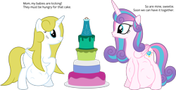 Size: 12540x6400 | Tagged: safe, artist:parclytaxel, princess flurry heart, oc, alicorn, pony, .svg available, absurd resolution, adult, alicorn oc, blank flank, cake, dialogue, female, food, hoof on belly, hyper, hyper pregnancy, kicking, mama flurry, mare, mother and child, mother and daughter, multiple pregnancy, offspring, offspring's offspring, older, older flurry heart, parent and child, parent:oc:shimmering glow, parent:princess flurry heart, parents:canon x oc, pregnant, simple background, transparent background, vector