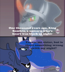 Size: 500x551 | Tagged: safe, king sombra, princess luna, alicorn, pony, crown, duo, duo female, female, horn, mare, poor word choice