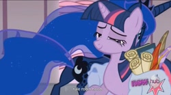 Size: 1555x865 | Tagged: safe, edit, edited screencap, screencap, princess luna, twilight sparkle, alicorn, pony, unicorn, the crystal empire, butt, caption, female, hub logo, mare, plot, robin hood, youtube caption, youtube link