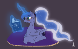 Size: 1000x622 | Tagged: safe, artist:dream-phoenix, princess luna, alicorn, pony, alternate hairstyle, book, glasses, ponytail, prone, reading, solo