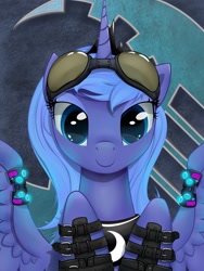 Size: 1200x1600 | Tagged: safe, artist:xn-d, princess luna, alicorn, pony, abstract background, boots, bust, close-up, goggles, looking at you, portrait, raver, s1 luna, shoes, solo