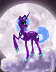 Size: 900x1165 | Tagged: safe, artist:shadow-rhapsody, princess luna, alicorn, pony, backlighting, cloud, female, glow, mare, moon, raised hoof, s1 luna, solo