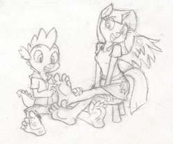 Size: 605x505 | Tagged: safe, artist:dertikleen, spike, twilight sparkle, twilight sparkle (alicorn), alicorn, anthro, dragon, plantigrade anthro, barefoot, clothes, feet, female, fetish, foot fetish, grayscale, lineart, male, monochrome, shirt, sitting, skirt, stool, tickling, toes, traditional art