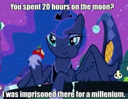 Size: 665x517 | Tagged: safe, edit, edited screencap, screencap, princess luna, alicorn, pony, luna eclipsed, apple, female, image macro, mare, meme, text, unimpressed astronaut