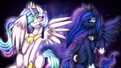 Size: 1920x1080 | Tagged: safe, artist:mixipony, princess celestia, princess luna, alicorn, pony, crown, female, horn, jewelry, mare, regalia, siblings, sisters, wallpaper