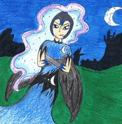 Size: 942x952 | Tagged: safe, artist:raweradash, nightmare moon, princess luna, humanized, moon, solo, traditional art