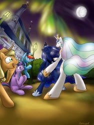 Size: 1200x1600 | Tagged: safe, artist:conicer, applejack, princess celestia, princess luna, rainbow dash, twilight sparkle, alicorn, earth pony, pegasus, pony, aurora borealis, canterlot, dancing, moon, night, sitting