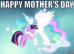 Size: 645x471 | Tagged: safe, princess celestia, twilight sparkle, alicorn, pony, drama, heartwarming, hug, image macro, momlestia, mother's day