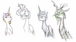 Size: 4305x2382 | Tagged: safe, artist:mine-recurring-dream, princess cadance, princess celestia, princess luna, queen chrysalis, alicorn, changeling, changeling queen, pony, alternate hairstyle, simple background, traditional art