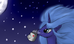 Size: 900x544 | Tagged: safe, artist:vabla, princess luna, alicorn, pony, cup, messy mane, moon, solo