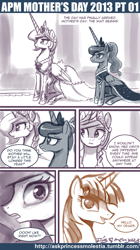 Size: 500x895 | Tagged: safe, artist:johnjoseco, princess celestia, princess luna, oc, oc:fausticorn, alicorn, pony, ask, ask princess molestia, braid, comic, lauren faust, mother's day, ponytail, princess molestia