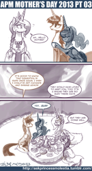 Size: 500x923 | Tagged: safe, artist:johnjoseco, princess celestia, princess luna, twilight sparkle, twilight sparkle (alicorn), oc, oc:fausticorn, alicorn, pony, ask, ask princess molestia, banana, bread, comic, food, lauren faust, mother's day, ponytail, princess molestia, tea