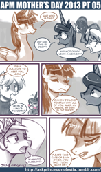 Size: 500x849 | Tagged: safe, artist:johnjoseco, derpy hooves, princess celestia, princess luna, oc, oc:fausticorn, alicorn, pony, ask, ask princess molestia, comic, lauren faust, leon s. kennederpy, leon s. kennedy, mother's day, ponytail, princess molestia, resident evil, resident evil 4