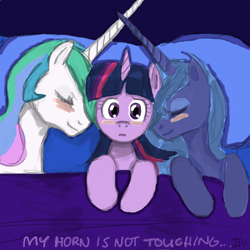 Size: 900x900 | Tagged: safe, artist:johnjoseco, princess celestia, princess luna, twilight sparkle, alicorn, pony, bed, blushing, colored, female, horns are touching, lesbian, mare, on back, ot3, s1 luna, shipping, twilestia, twiluna, twilunestia