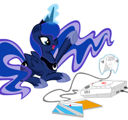 Size: 5000x4724 | Tagged: safe, artist:danmakuman, princess luna, alicorn, pony, absurd resolution, cute, game console, gamer luna, lunabetes, magic, one eye closed, prone, sega dreamcast, solo, telekinesis