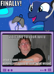 Size: 563x768 | Tagged: safe, princess luna, alicorn, pony, exploitable meme, gabe newell, gamer luna, gamer meme, glasses, meme, photo, pun, wii u