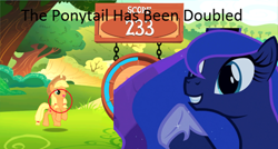 Size: 500x268 | Tagged: safe, applejack, princess luna, alicorn, earth pony, pony, game, gameloft, meme, pigtails, ponytail, the x has been doubled