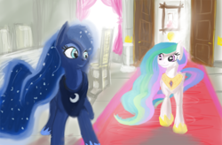 Size: 2900x1900 | Tagged: safe, artist:hierozaki, princess celestia, princess luna, alicorn, pony, crown, female, horn, mare, siblings, sisters