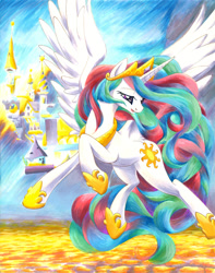 Size: 900x1144 | Tagged: safe, artist:muffyn-man, princess celestia, alicorn, pony, canterlot castle, female, flying, mare, solo