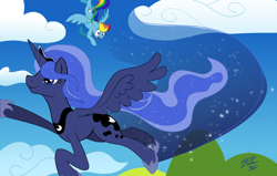 Size: 1200x764 | Tagged: safe, artist:tsitra360, princess luna, rainbow dash, alicorn, pegasus, pony, duo, duo female, female, horn, mare, wings