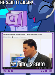 Size: 563x769 | Tagged: safe, princess luna, alicorn, pony, exploitable meme, gamer luna, meme, photo, reggie fils-aime, tv meme, youtube