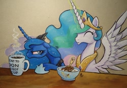 Size: 797x555 | Tagged: safe, artist:graffegruam, derpy hooves, princess celestia, princess luna, alicorn, pegasus, pony, acrylic painting, bowl, breakfast, cereal, coffee, cup, female, food, magic, mare, morning ponies, mug, spoon, spread wings, table, telekinesis, tired, traditional art, wings