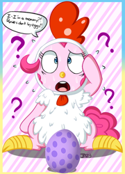 Size: 420x583 | Tagged: safe, artist:pokumii, artist:the smiling pony, edit, pinkie pie, chicken, earth pony, pony, luna eclipsed, animal costume, chicken pie, chicken suit, clothes, costume, dialogue, egg, how, open mouth, oviposition, pinkie logic, question mark, solo, spike's egg, sweat