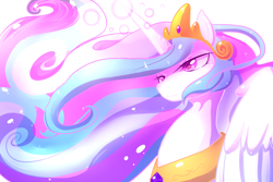 Size: 1800x1200 | Tagged: safe, artist:amberdragonling, princess celestia, alicorn, pony, female, horn, mare, multicolored mane, solo, white coat, windswept mane