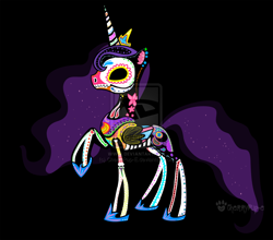 Size: 1024x903 | Tagged: dead source, safe, artist:licoricebunny, princess luna, alicorn, pony, black background, deviantart watermark, dia de los muertos, obtrusive watermark, simple background, solo, sugar skull, watermark