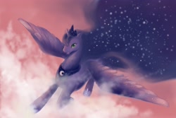 Size: 3000x2000 | Tagged: safe, artist:foxtailpegasus, princess luna, alicorn, pony, cloud, cloudy, flying, solo, spread wings, starry mane, stars