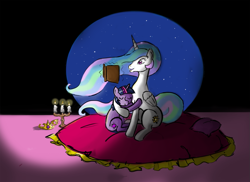 Size: 1115x810 | Tagged: safe, artist:v-invidia, princess celestia, twilight sparkle, alicorn, pony, book, candle, crown, eyes closed, filly, hug, magic, missing accessory, momlestia, night, pillow, reading, sitting, smiling, telekinesis