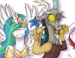 Size: 1200x927 | Tagged: dead source, safe, artist:crystal-secret, discord, princess celestia, alicorn, pony, discord being discord, dislestia, female, male, poison joke, shipping, straight