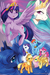 Size: 600x900 | Tagged: dead source, safe, artist:vella, applejack, fluttershy, pinkie pie, princess celestia, princess luna, rainbow dash, rarity, twilight sparkle, twilight sparkle (alicorn), alicorn, earth pony, pegasus, pony, unicorn, elements of harmony, female, mane six, mare