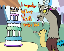 Size: 1000x800 | Tagged: safe, discord, princess celestia, alicorn, draconequus, pony, troll, cake, cakelestia, canterlot, discord being discord, literal, tumblr