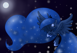 Size: 1300x900 | Tagged: safe, artist:lemon-heartss, princess luna, alicorn, pony, eyes closed, flying, moon, night, solo