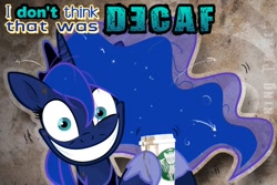 Size: 600x400 | Tagged: safe, artist:kraden, princess luna, alicorn, pony, coffee, coffee cup, cup, faic, insanity, luna found the coffee, lunatic, run for your lives, slasher smile, solo