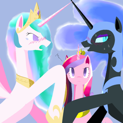 Size: 1000x1000 | Tagged: safe, artist:jun, nightmare moon, princess cadance, princess celestia, alicorn, pony, blushing, pixiv