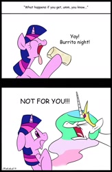 Size: 1236x1894 | Tagged: safe, artist:strebiskunk, princess celestia, twilight sparkle, alicorn, pony, unicorn, ask horn warmer twilight, burrito, comic, comic sans, female, food, horn warmer, mare, tongue out