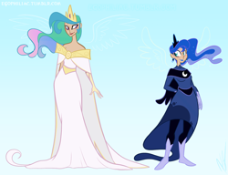 Size: 1100x843 | Tagged: safe, artist:egophiliac, princess celestia, princess luna, humanized, skinny