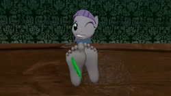 Size: 1366x768 | Tagged: safe, artist:hectorlongshot, maud pie, anthro, plantigrade anthro, 3d, barefoot, cute, feather, feet, foot fetish, foot focus, laughing, maudabetes, smiling, soles, solo, tickle torture, tickling, toes, when she smiles