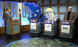 Size: 1780x1080 | Tagged: safe, artist:thechief1992, derpy hooves, princess luna, alicorn, pegasus, pony, alex trebek, celebrity jeopardy, darrell hammond, female, mare, parody of a parody, saturday night live, sean connery, snl, will ferrell