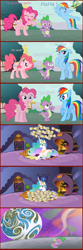 Size: 1024x3072 | Tagged: safe, artist:rrjaym, pinkie pie, princess celestia, rainbow dash, spike, alicorn, dragon, earth pony, pegasus, pony, bad end, comic, crying, noodle incident, spikeabuse, to the moon