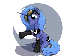 Size: 1600x1200 | Tagged: safe, artist:xn-d, princess luna, alicorn, pony, boots, confused, crescent moon, female, frown, goggles, hoof boots, looking down, mare, moon, raised hoof, s1 luna, simple background, sitting, solo, transparent background